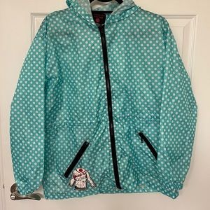 Sack It Rain Jacket Teal and White Polka Dot